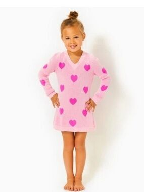 $108 NWTLilly Pulitzer Girls Mini Keane Sweater Dress Pink Heart Jacquard XS 2-3